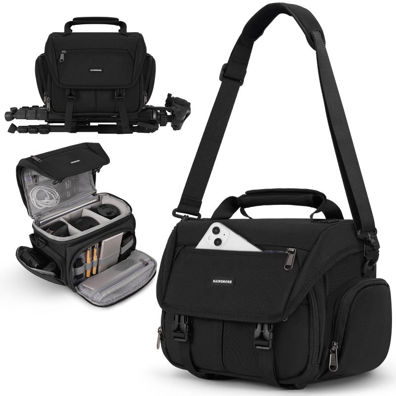 RAINSMORE Camera Bag, DSLR/SLR/Mirrorless Camera Sling Bag for Photographers Waterproof Small Camera Case with Tripod Holder & Rain Cover Camera Crossbody Bag for Canon/Nikon/Sony/Fuji, Black - Image 1