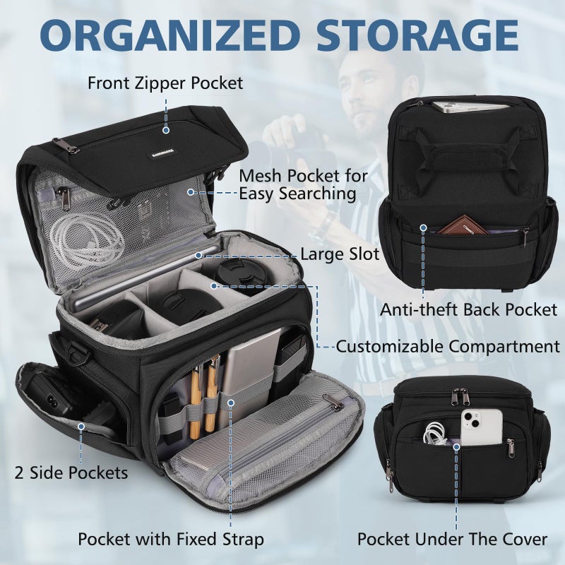 RAINSMORE Camera Bag, DSLR/SLR/Mirrorless Camera Sling Bag for Photographers Waterproof Small Camera Case with Tripod Holder & Rain Cover Camera Crossbody Bag for Canon/Nikon/Sony/Fuji, Black - Image 3