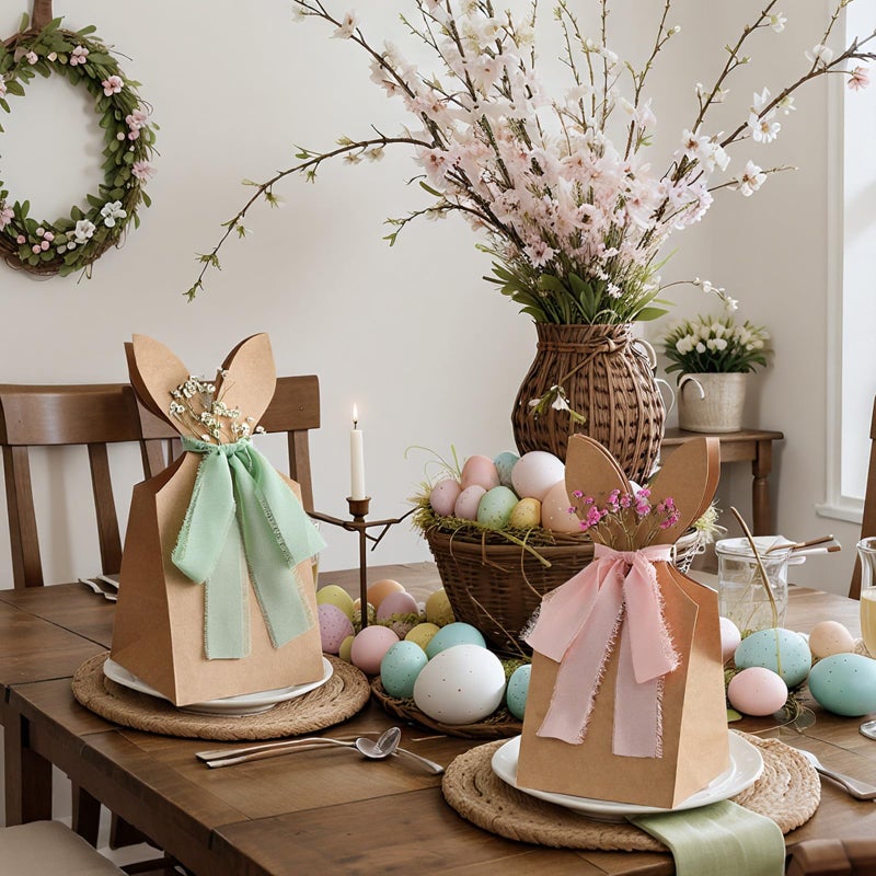 Affrolling 24 Set Easter Gift Bags Bunny Party Favor 10.6 x 4.9 Inch DIY Easter Treat Boxes with Pastel Bow Ribbon and Flowers Boho Paper Rabbit Ears Candy Goody Bags Bulk for Spring Birthday Party - Image 5