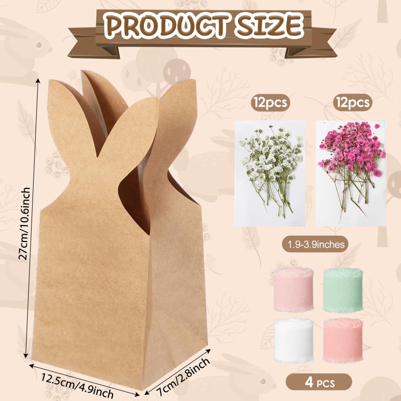 Affrolling 24 Set Easter Gift Bags Bunny Party Favor 10.6 x 4.9 Inch DIY Easter Treat Boxes with Pastel Bow Ribbon and Flowers Boho Paper Rabbit Ears Candy Goody Bags Bulk for Spring Birthday Party - Image 2