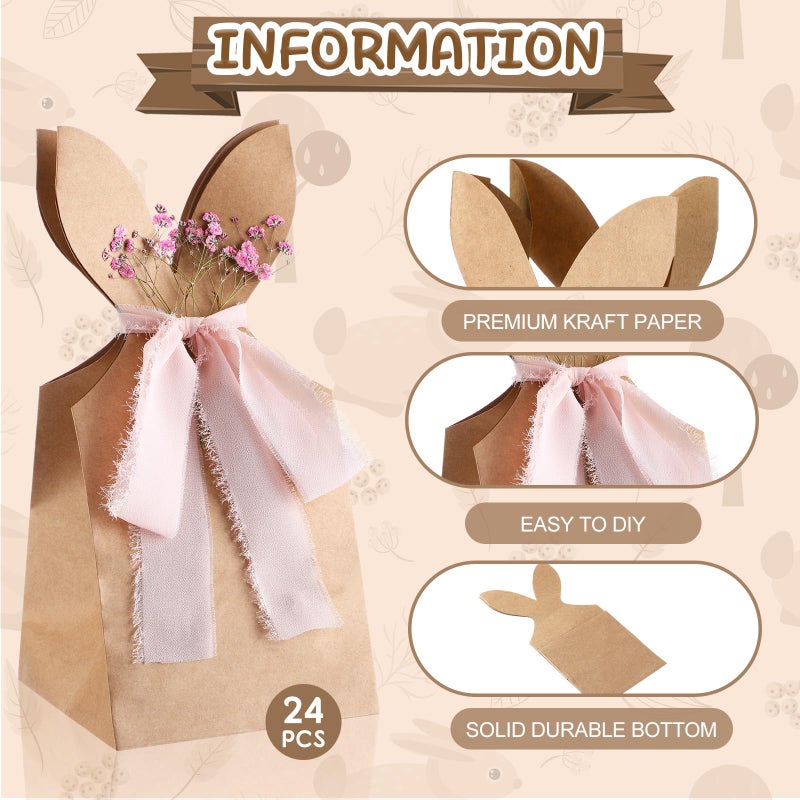 Affrolling 24 Set Easter Gift Bags Bunny Party Favor 10.6 x 4.9 Inch DIY Easter Treat Boxes with Pastel Bow Ribbon and Flowers Boho Paper Rabbit Ears Candy Goody Bags Bulk for Spring Birthday Party - Image 3