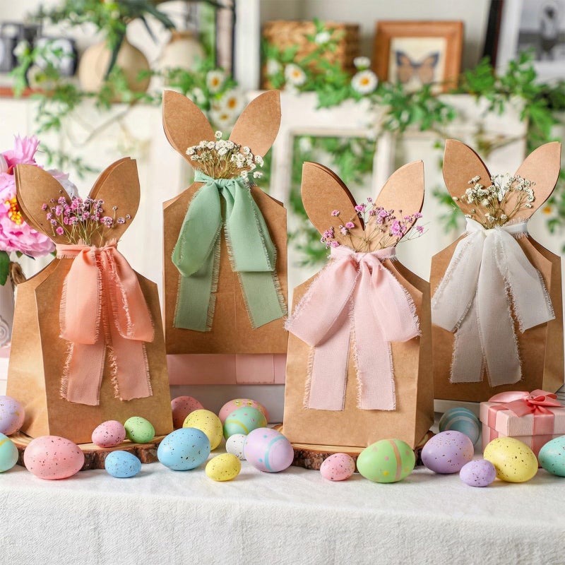 Affrolling 24 Set Easter Gift Bags Bunny Party Favor 10.6 x 4.9 Inch DIY Easter Treat Boxes with Pastel Bow Ribbon and Flowers Boho Paper Rabbit Ears Candy Goody Bags Bulk for Spring Birthday Party - Image 4