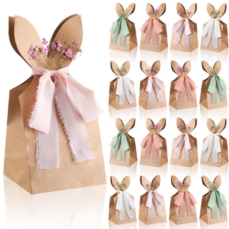 Affrolling 24 Set Easter Gift Bags Bunny Party Favor 10.6 x 4.9 Inch DIY Easter Treat Boxes with Pastel Bow Ribbon and Flowers Boho Paper Rabbit Ears Candy Goody Bags Bulk for Spring Birthday Party - Image 1