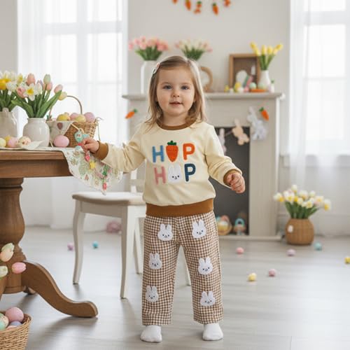 JLKGICF Baby Boy Easter Outfit Long Sleeve Carrot Rabbit Embroidery Sweatshirt Plaid Pants Set Toddler Boy Easter Clothes (White Bunny, 18-24M) - Image 2