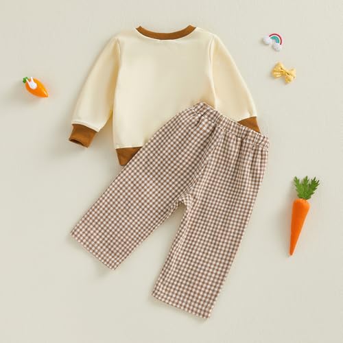 JLKGICF Baby Boy Easter Outfit Long Sleeve Carrot Rabbit Embroidery Sweatshirt Plaid Pants Set Toddler Boy Easter Clothes (White Bunny, 18-24M) - Image 4
