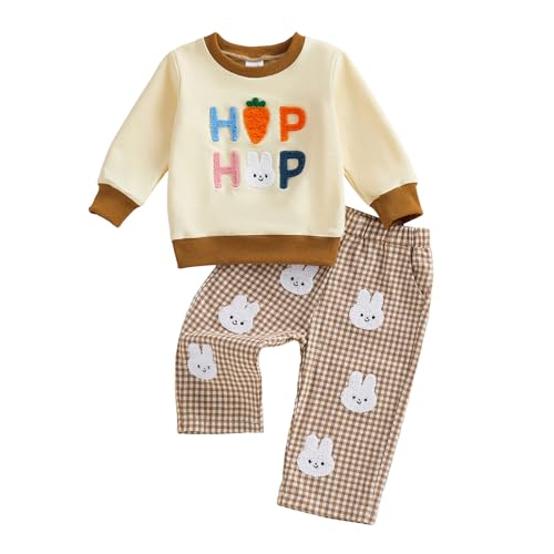 JLKGICF Baby Boy Easter Outfit Long Sleeve Carrot Rabbit Embroidery Sweatshirt Plaid Pants Set Toddler Boy Easter Clothes (White Bunny, 18-24M) - Image 1