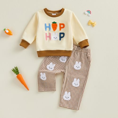 JLKGICF Baby Boy Easter Outfit Long Sleeve Carrot Rabbit Embroidery Sweatshirt Plaid Pants Set Toddler Boy Easter Clothes (White Bunny, 18-24M) - Image 3