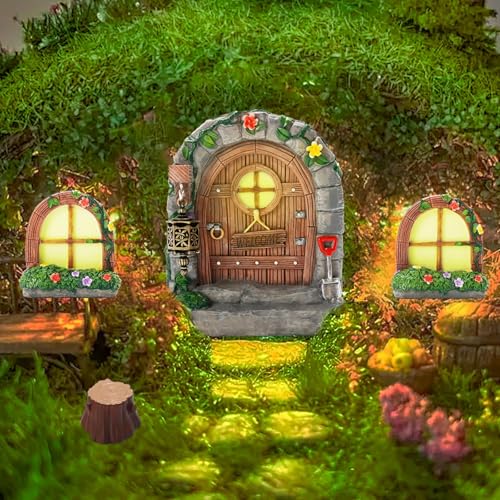 Exasinine 6 Pcs Fairy Door and Windows for Trees Glow in The Dark Fairy Doors Miniature Fairy Garden Accessories for Wall Tree Fairy Garden Outdoor Decor with Tree Stump 2 Fairy Lanterns - Image 3