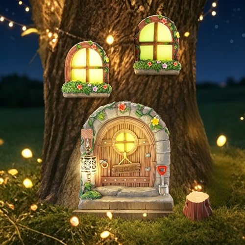Exasinine 6 Pcs Fairy Door and Windows for Trees Glow in The Dark Fairy Doors Miniature Fairy Garden Accessories for Wall Tree Fairy Garden Outdoor Decor with Tree Stump 2 Fairy Lanterns - Image 1