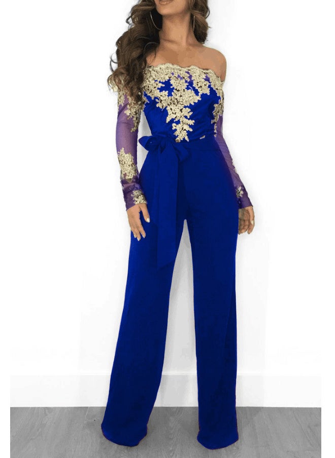 Generic - Casual Lace Trimmed One Shoulder Wide Leg Jumpsuit for Women Elegant Commute Style mid Length Skirt Polyester Fabric Wine red - Image 1