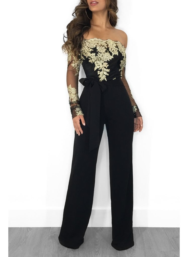 Generic - Casual Lace Trimmed One Shoulder Wide Leg Jumpsuit for Women Elegant Commute Style mid Length Skirt Polyester Fabric Wine red - Image 1