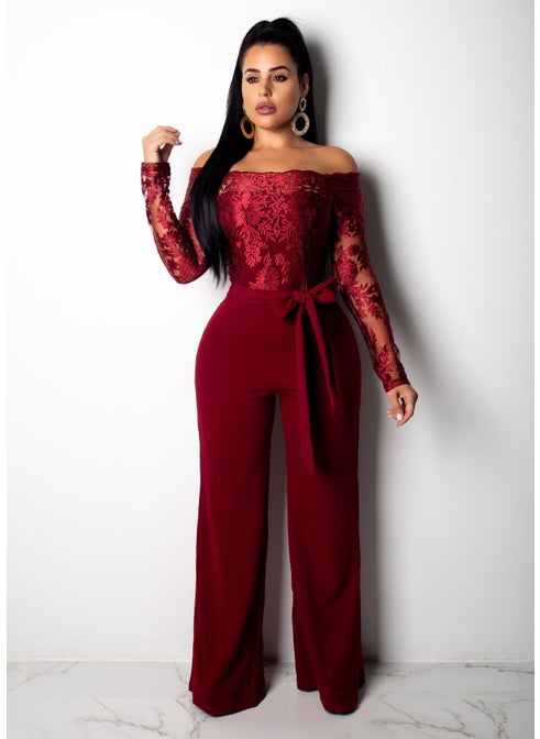 Casual Lace Trimmed One Shoulder Wide Leg Jumpsuit for Women Elegant Commute Style mid Length Skirt Polyester Fabric Wine red
