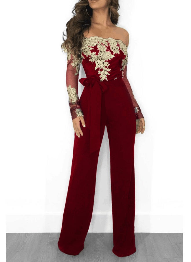 Generic - Casual Lace Trimmed One Shoulder Wide Leg Jumpsuit for Women Elegant Commute Style mid Length Skirt Polyester Fabric Wine red - Image 1