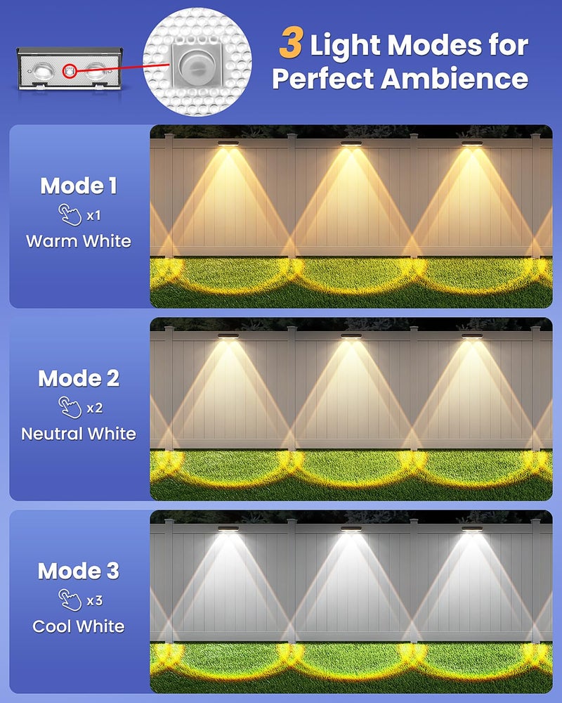 Etetale Solar Fence Lights Outdoor, 10 Pack Warm/Neutual/Cool White Fence Lights Solar Powered with 2 LED, IP65 Waterproof, Deck Lighting for Backyard, Patio, Wall, Railing, Pool, Stair - Image 3