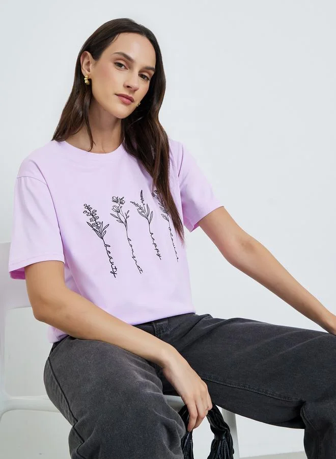 تايك تو Purple Floral Graphic Print T-Shirt