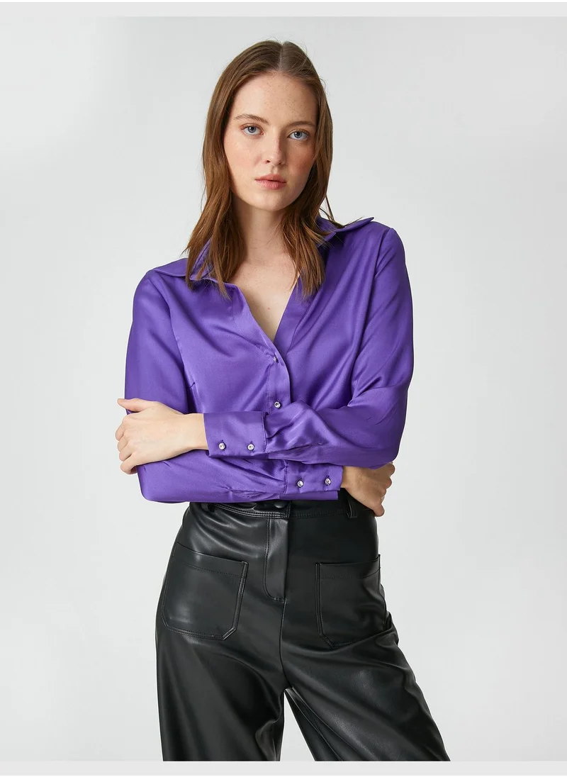 كوتون Jeweled Button Long Sleeve Satin Shirt