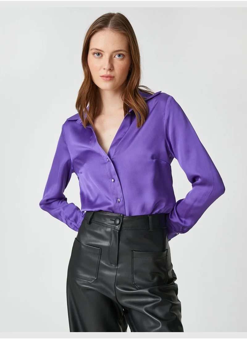 كوتون Jeweled Button Long Sleeve Satin Shirt