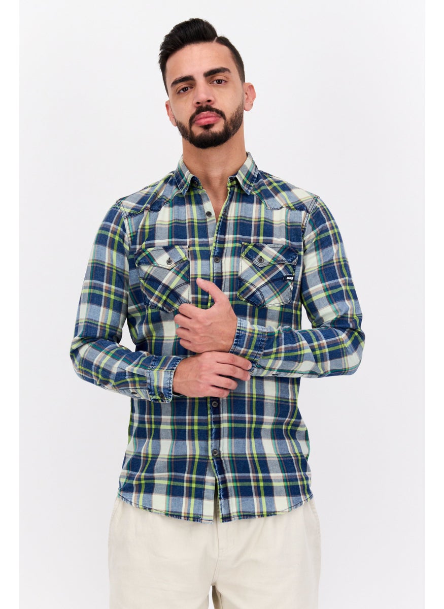 GAS Men Regular Fit Checkered Long Sleeves Casual Shirt, Green Combo  - Image 1