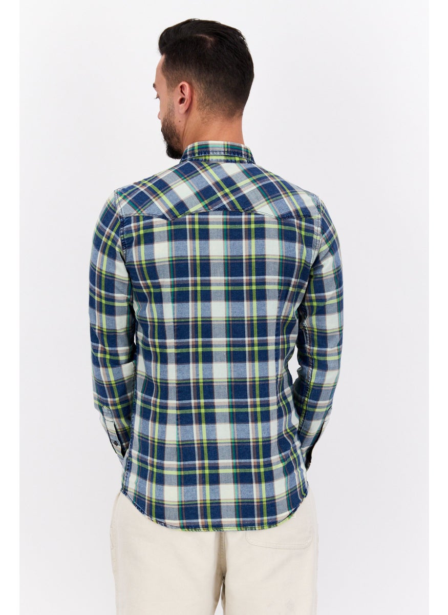 GAS Men Regular Fit Checkered Long Sleeves Casual Shirt, Green Combo  - Image 4