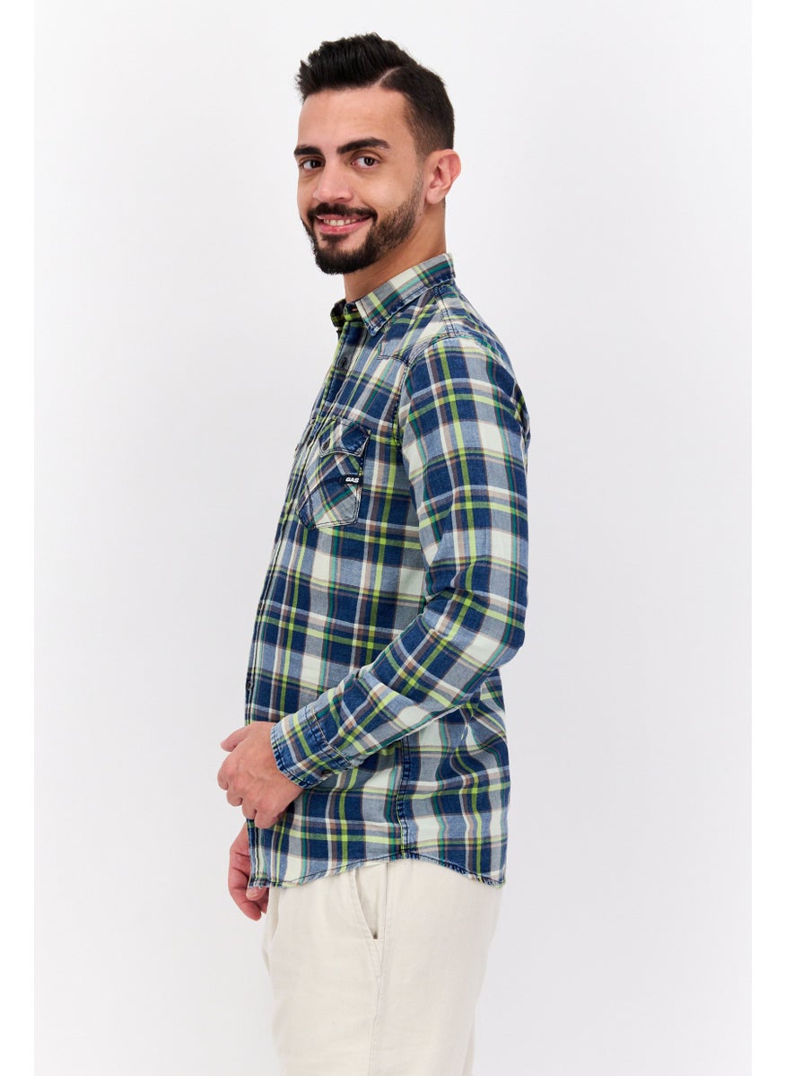 GAS Men Regular Fit Checkered Long Sleeves Casual Shirt, Green Combo  - Image 3