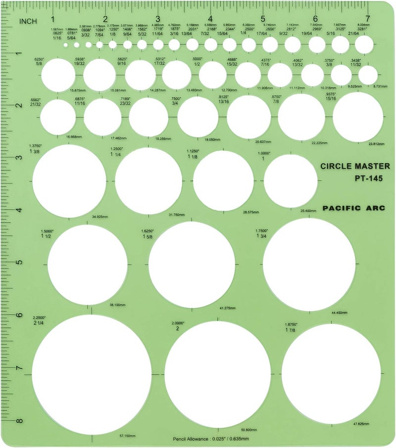 Pacific Arc Professional Circle Guide Template, 45 Total Circle from 1/16 Inch to 2.25 Inch with Inch Graduations - Image 1