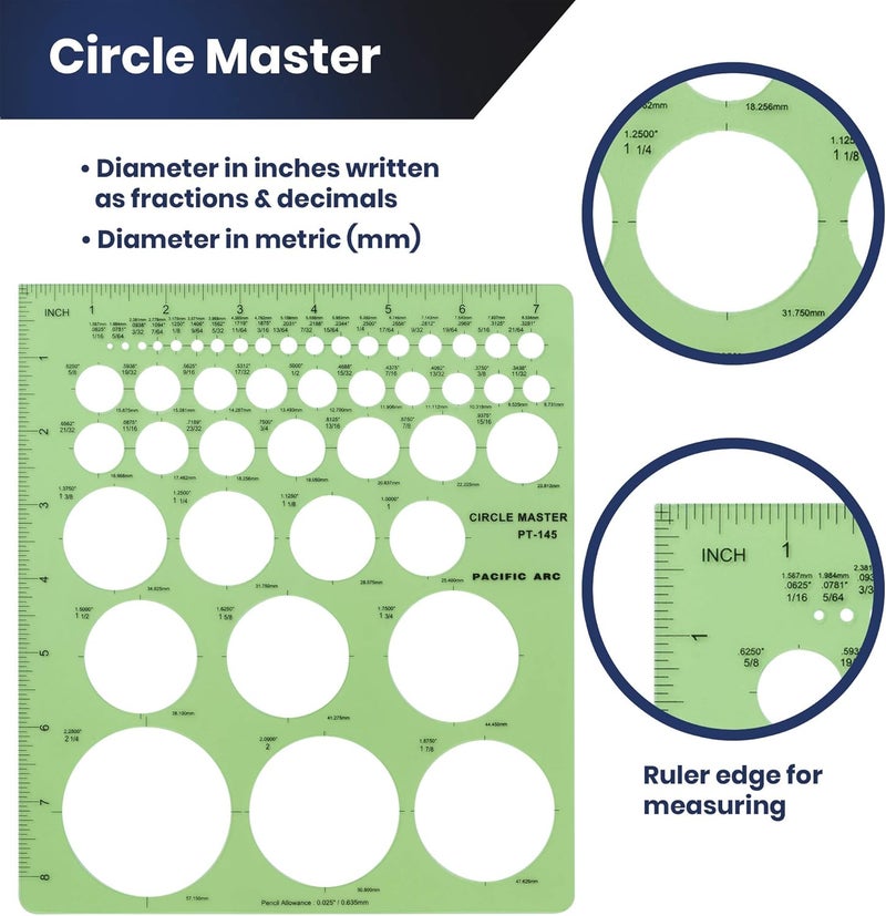 Pacific Arc Professional Circle Guide Template, 45 Total Circle from 1/16 Inch to 2.25 Inch with Inch Graduations - Image 2