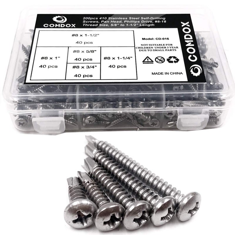 Comdox 410 Stainless Steel Self Drilling Screws Kit Set Pan Head Phillips Sheet Metal Tek Screws Assortment Kit Modified Truss Head 818 Thread Size 58 to 112 Length Pack of 200