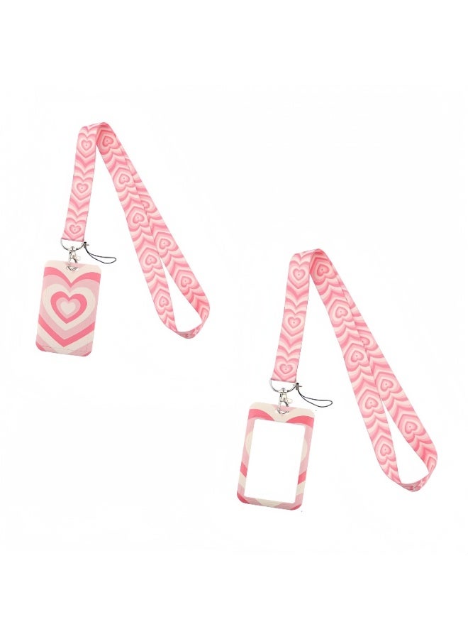 حامل بطاقة هوية الطالب 2 قطعة حامل شارة لطيف مع حبل، حبل وردي للنساء مع حامل شارة الهوية سلسلة مفاتيح للعنق للمفاتيح، حافظة بطاقات بلاستيكية صلبة عمودية بنمط قلب - Image 1