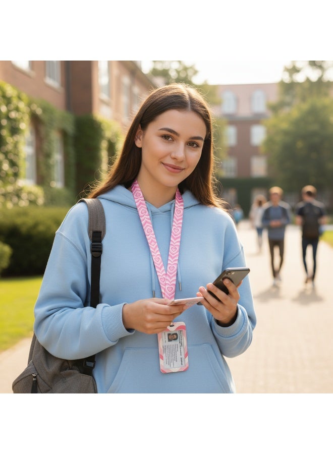 حامل بطاقة هوية الطالب 2 قطعة حامل شارة لطيف مع حبل، حبل وردي للنساء مع حامل شارة الهوية سلسلة مفاتيح للعنق للمفاتيح، حافظة بطاقات بلاستيكية صلبة عمودية بنمط قلب - Image 5