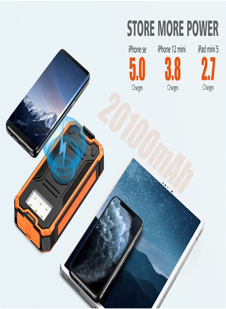 Generic - Outdoor waterproof, wireless charging solar power bank, 20000 mAh fast charging emergency mobile power bank with dual USB ports and 6 LED strong light flashlights, suitable for iPhone, smartphones, tablets, digital cameras, etc. - Image 1
