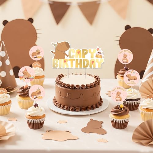 Cheereveal 25Pcs Capybara Happy Birthday Cake Decorations Pink Cute Cartoon Capybara Cupcake Toppers Capy Animal Theme Birthday Baby Shower Party Supplies - Image 5