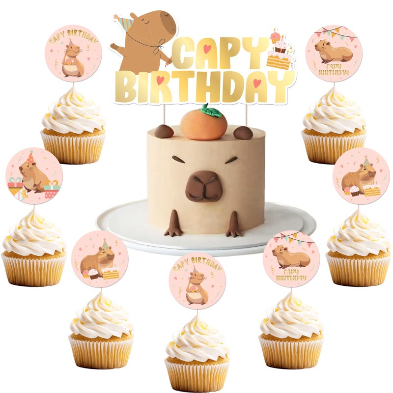 Cheereveal 25Pcs Capybara Happy Birthday Cake Decorations Pink Cute Cartoon Capybara Cupcake Toppers Capy Animal Theme Birthday Baby Shower Party Supplies - Image 3