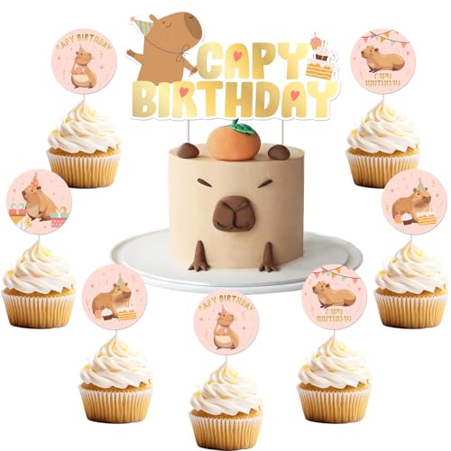 Cheereveal 25Pcs Capybara Happy Birthday Cake Decorations Pink Cute Cartoon Capybara Cupcake Toppers Capy Animal Theme Birthday Baby Shower Party Supplies - Image 1
