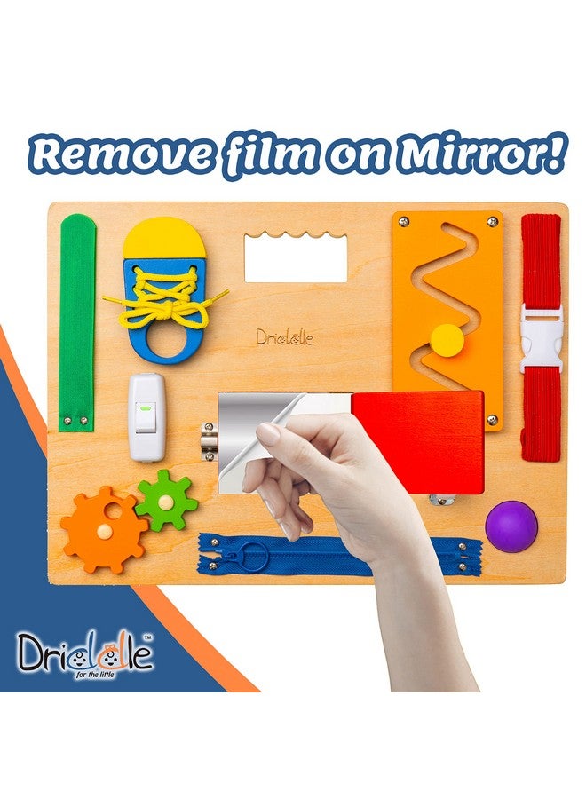 Driddle Busy Board - Wooden Montessori Activity Board for Toddlers & Kids - 12 Educational Sensory Toys to Learn Basic Life Skills & Develop Fine Motor Skills + Baby Mirror - Image 4