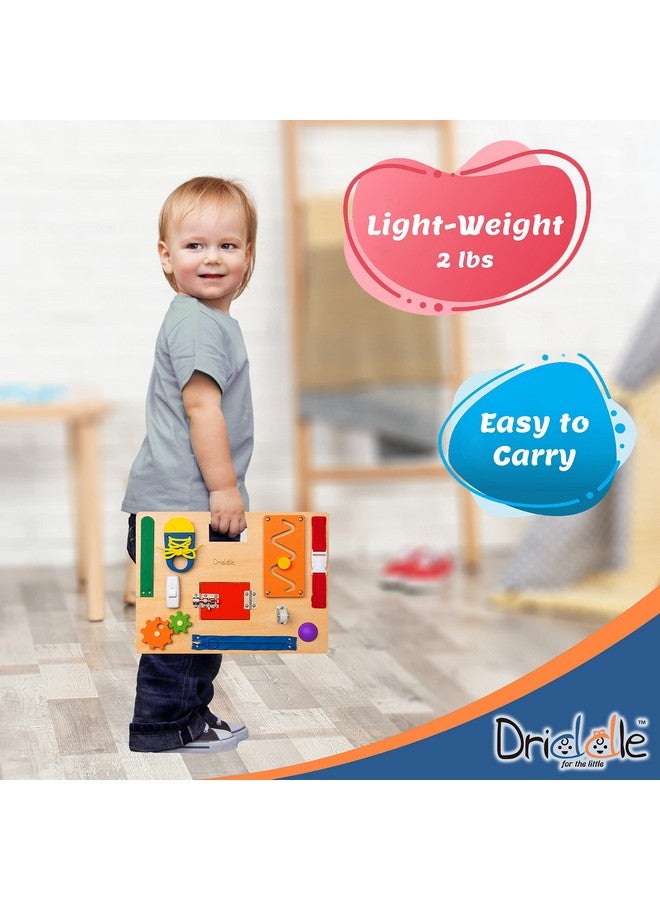Driddle Busy Board - Wooden Montessori Activity Board for Toddlers & Kids - 12 Educational Sensory Toys to Learn Basic Life Skills & Develop Fine Motor Skills + Baby Mirror - Image 3