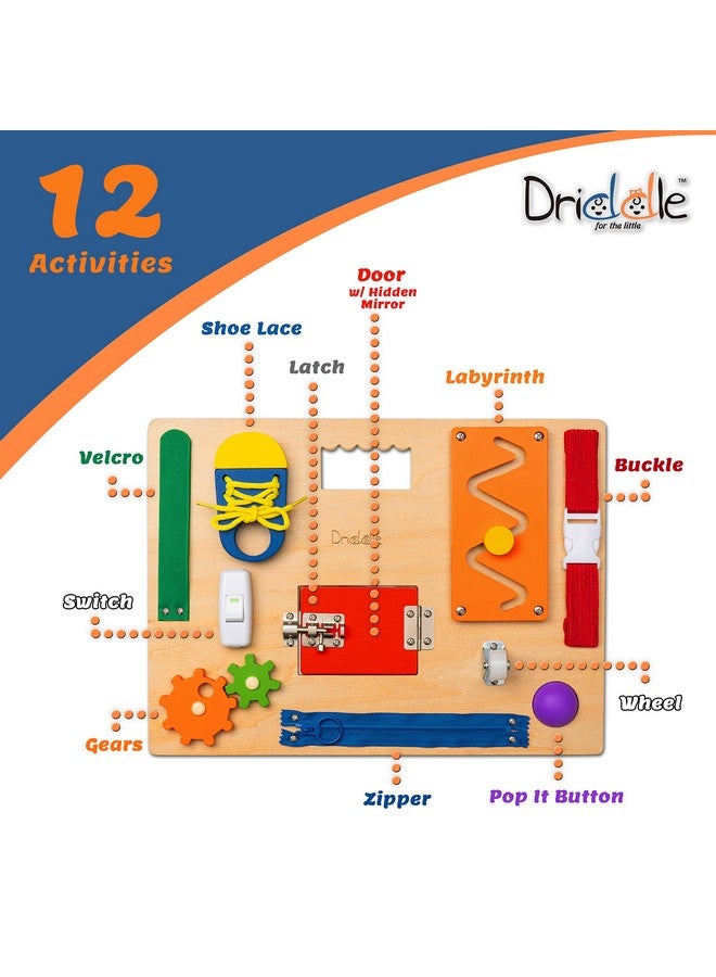 Driddle Busy Board - Wooden Montessori Activity Board for Toddlers & Kids - 12 Educational Sensory Toys to Learn Basic Life Skills & Develop Fine Motor Skills + Baby Mirror - Image 2