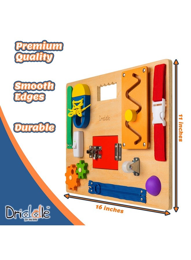 Driddle Busy Board - Wooden Montessori Activity Board for Toddlers & Kids - 12 Educational Sensory Toys to Learn Basic Life Skills & Develop Fine Motor Skills + Baby Mirror - Image 5