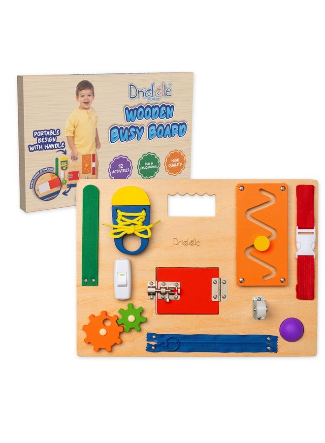 Driddle Busy Board - Wooden Montessori Activity Board for Toddlers & Kids - 12 Educational Sensory Toys to Learn Basic Life Skills & Develop Fine Motor Skills + Baby Mirror - Image 1