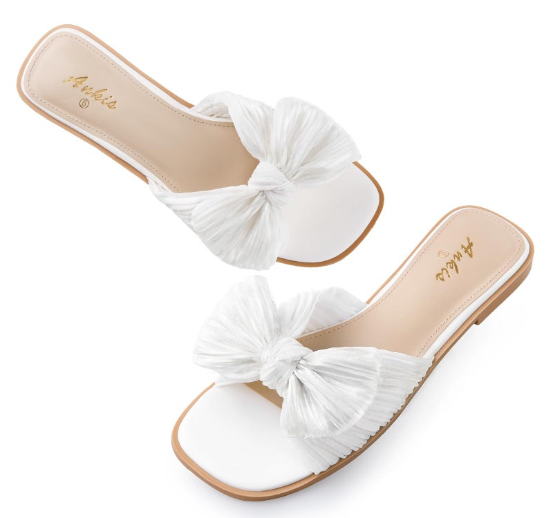 Ankis Womens Pleated Bow Flat Sandals White Sandals for Women 2026 Dressy, Comfortable Open Toe Dress Sandals for Summer Beach Wedding Party Graduation Slip On Slides Sandals - Image 1