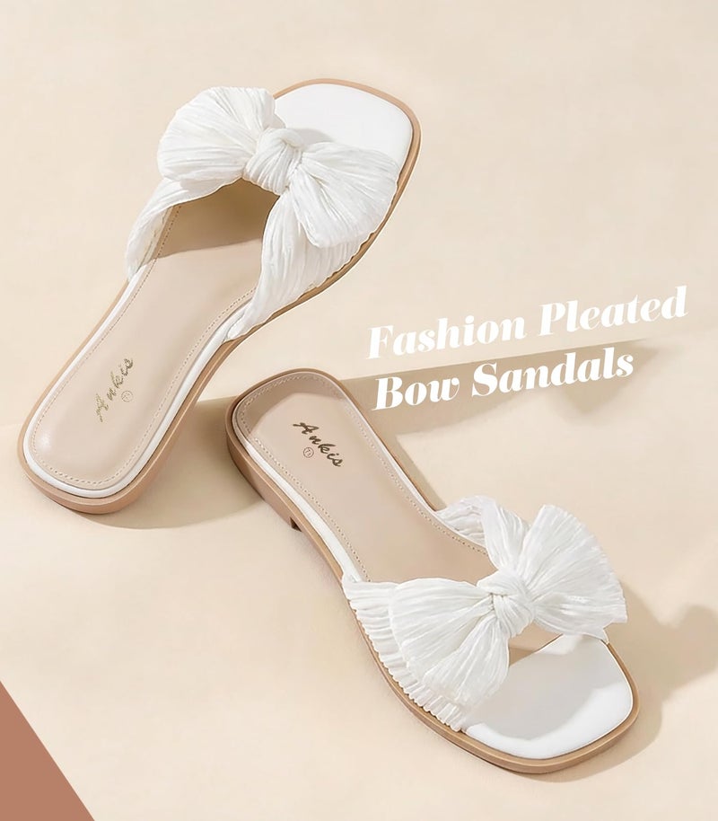 Ankis Womens Pleated Bow Flat Sandals White Sandals for Women 2026 Dressy, Comfortable Open Toe Dress Sandals for Summer Beach Wedding Party Graduation Slip On Slides Sandals - Image 4