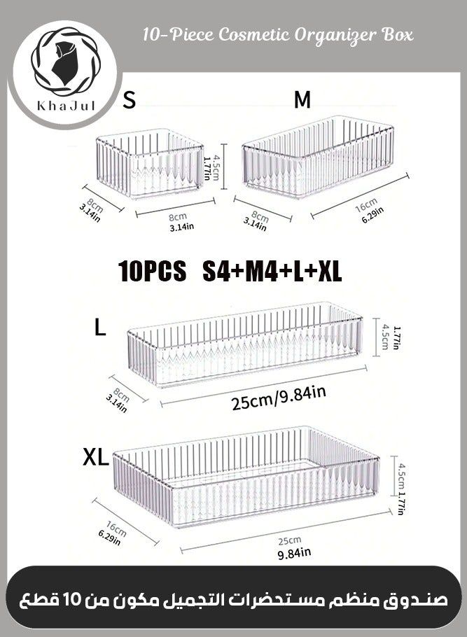 Loquat 10-Piece Simple Clear Cosmetic Organizer Box with Storage Compartments for Cosmetics, Eyeshadow, Lipstick, Makeup Brushes, Perfume - Image 1