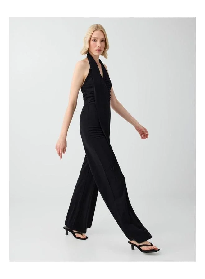 Jimmy Key Black Fringed Detailed Slim-Fit Knitted Jumpsuit.