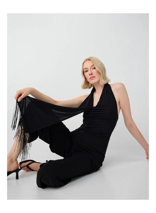 Jimmy Key Black Fringed Detailed Slim-Fit Knitted Jumpsuit.