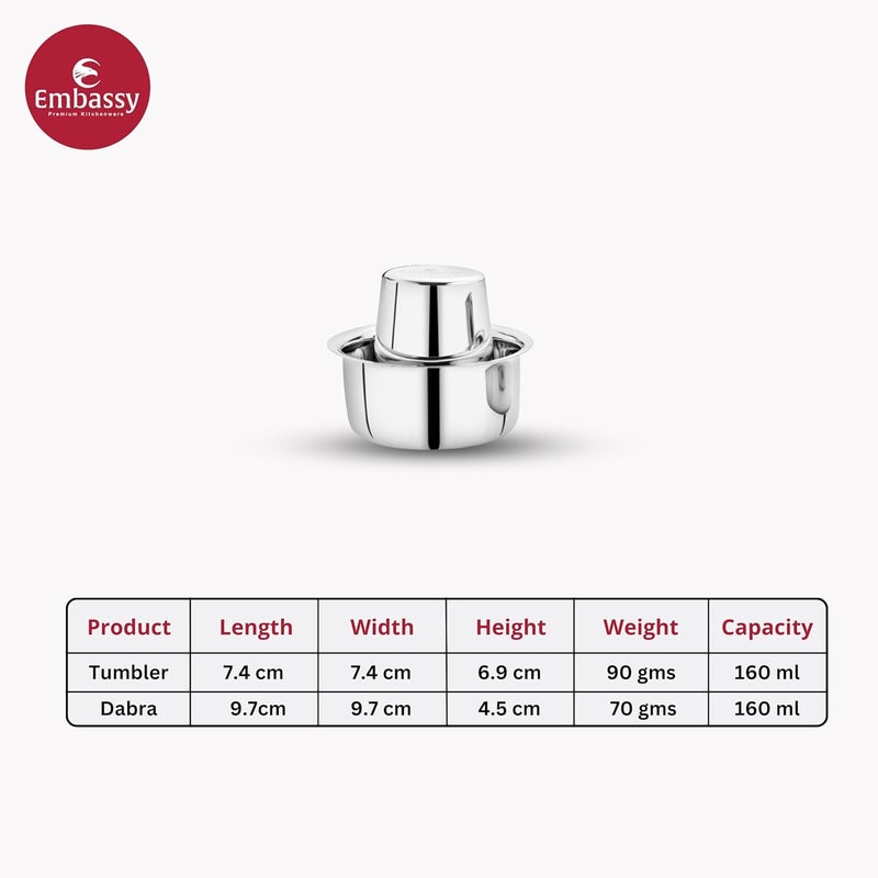 Embassy EMBASSY Stainless Steel Coffee Glass/Tumbler with Dabra | Capacity - 160 ml/Glass | Pack of 6 | Size 2 | Traditional South Indian Filter Coffee | Multipurpose Steel Glass  - Image 3