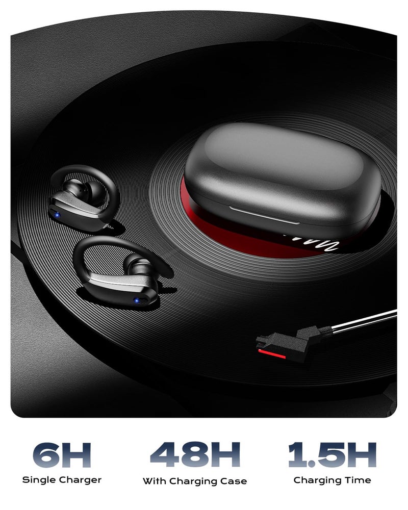 KTGEE Wireless Earbuds Bluetooth 5.3 Sport Headphones with Earhooks,IPX7 Waterproof Earphones,48H Playtime Earbuds,Lightweight 7.8g,Noise Cancelling Mic Bluetooth Headphones for Running & Workout-Black - Image 3