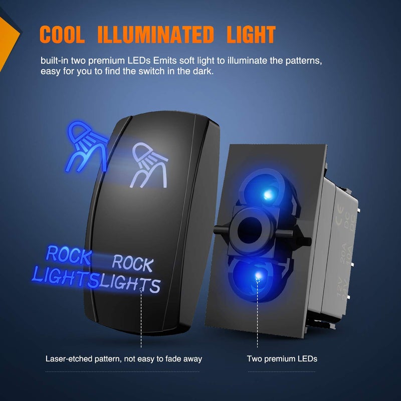 Nilight - 90008B Rock Lights Rocker Switch LED Light Bar 5Pin Laser On/Off LED Light 20A/12V 10A/24V Switch jumper wires set for Jeep Boat Trucks,2 years Warranty Blue - Image 5