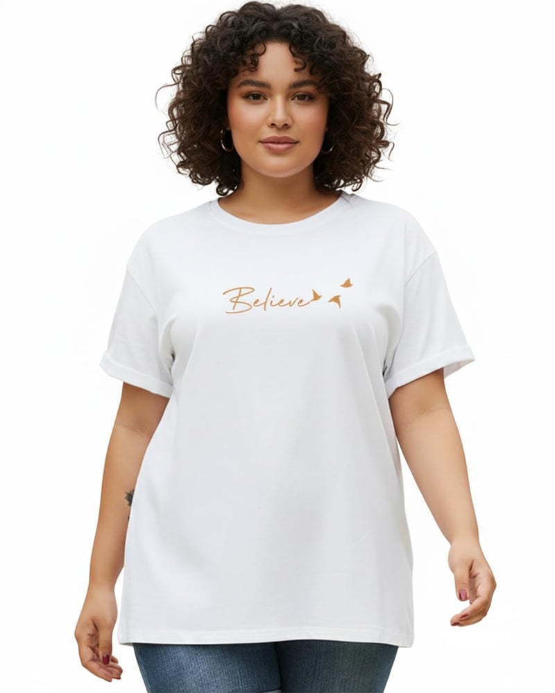 Bewakoof Women's Cotton Graphic Printed Plus Size Boyfriend Relaxed Fit T-Shirt_625706_White_4XL - Image 1