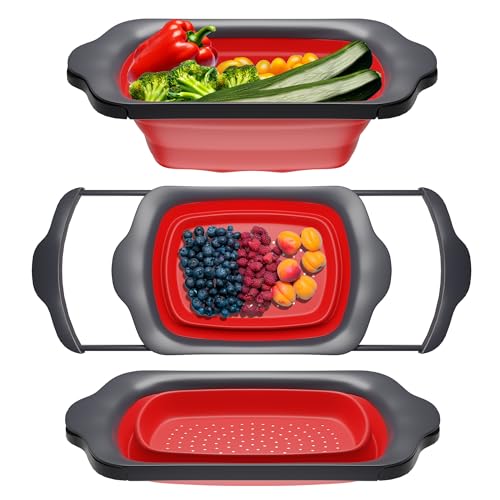 Comfify XL Large Kitchen Strainer by Comfify - Collapsible Silicone Over-The-Sink Colander with Extendable Handles - Use with Pasta, Fruit, Berries & Veggie - 6 Quart - Red - Image 1