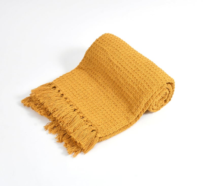 TIB Cotton Throw Blanket,125x150 cm, Throws for Sofa and Couch 3 Seater 120 TC with Fringes, (Mustard)| TC - 120 - Image 3