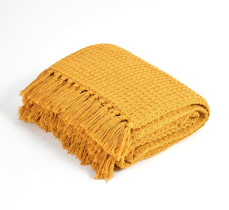 TIB Cotton Throw Blanket,125x150 cm, Throws for Sofa and Couch 3 Seater 120 TC with Fringes, (Mustard)| TC - 120 - Image 2